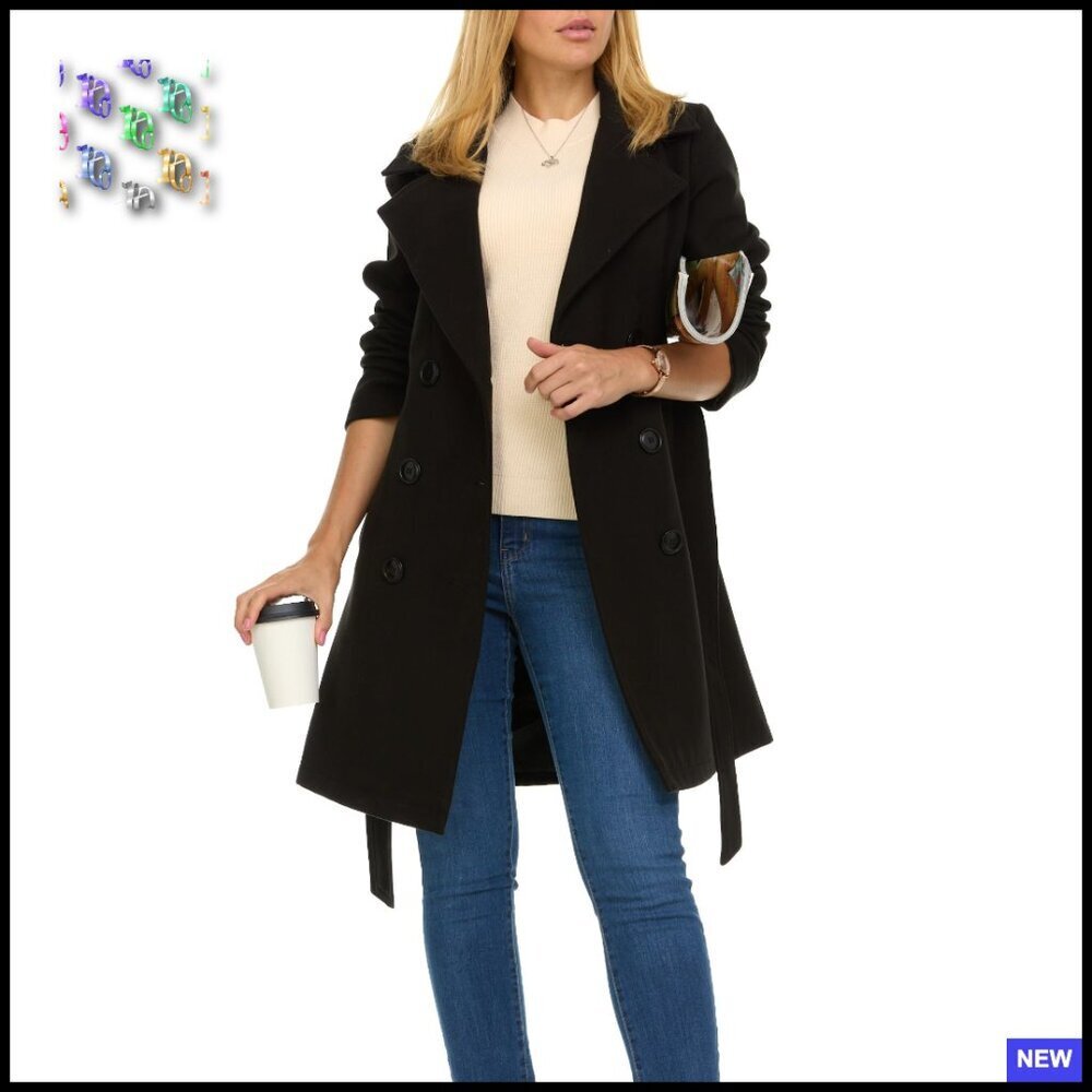 Classic Trench Coat Double-Breasted Faux Wool Winter Elegant Fitted
